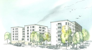 Akvarellskiss av föreningens flerbostadshus med träd och gata
